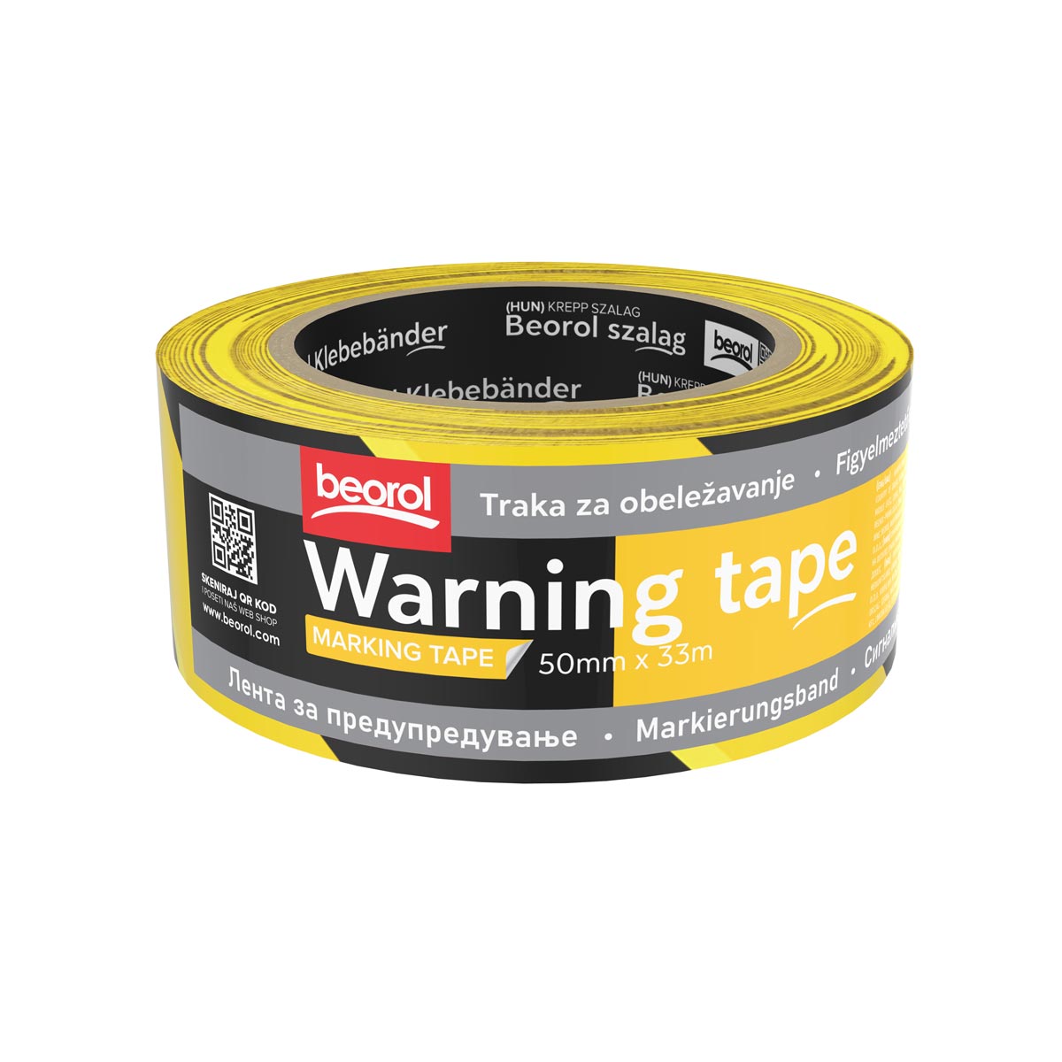 Warning tape 50mm x 33m, yellow/black Beorol