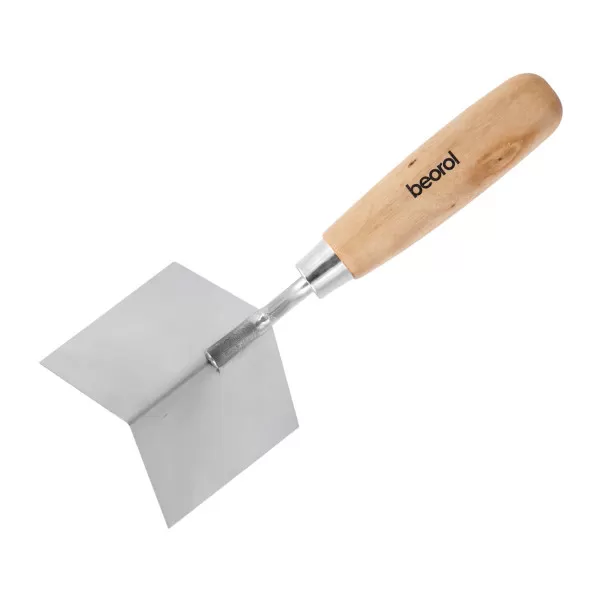 Outer corner trowel, wooden handle, stainless steel 